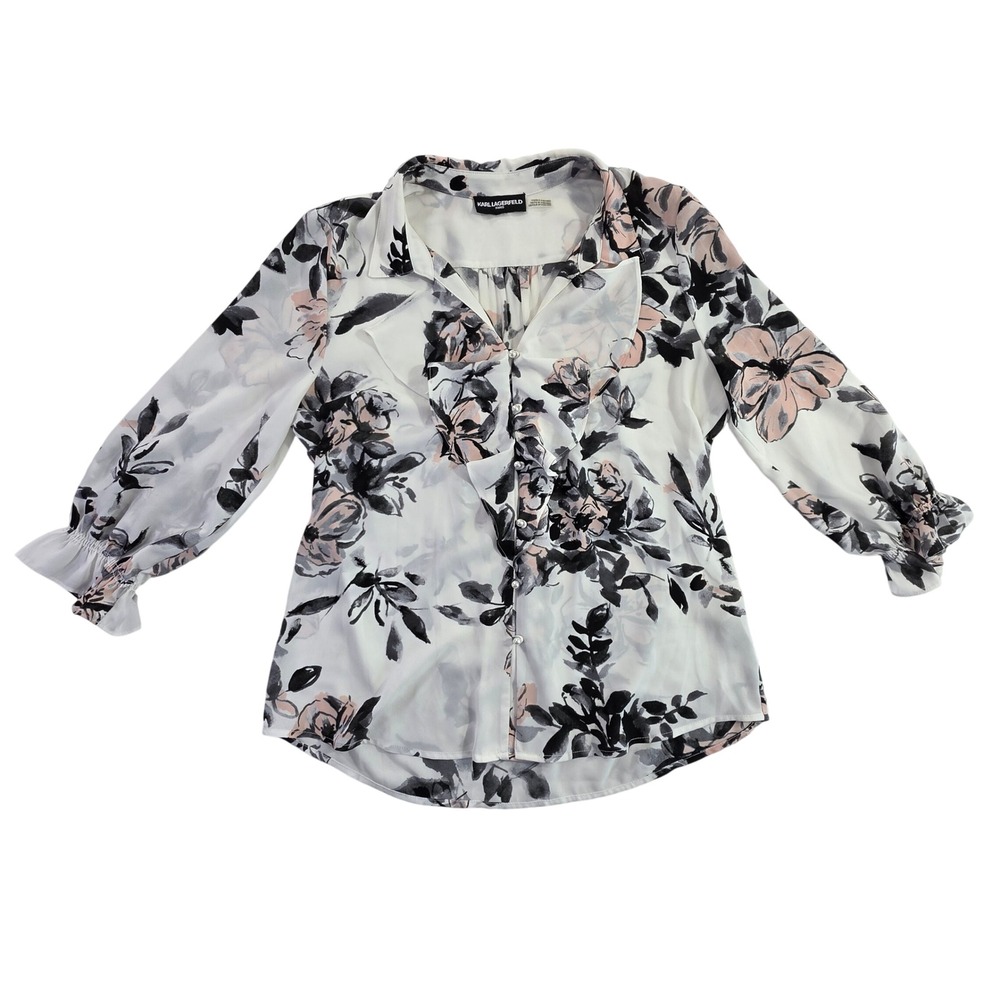 Karl Lagerfeld Paris Floral Pearl Button Ruffle Blouse White Pink Black EUC Sz S